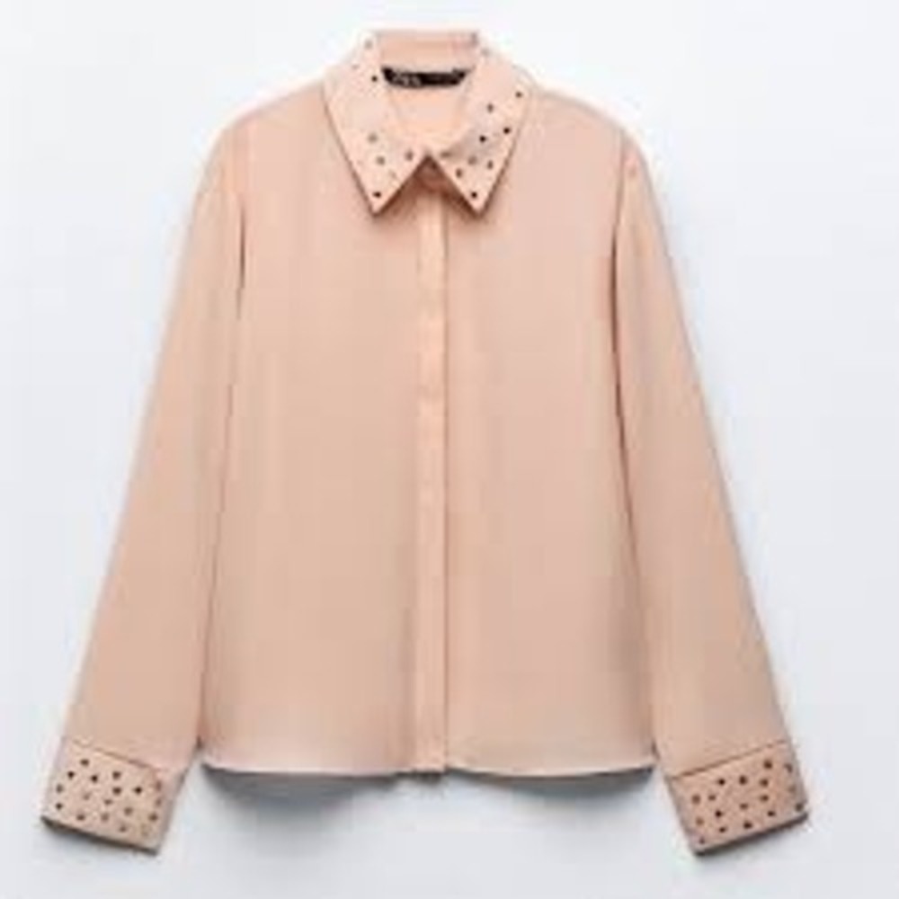 Zara Button Down Blouse Women XS Pink Rhinestone Studded Collar Cuff 3564/194